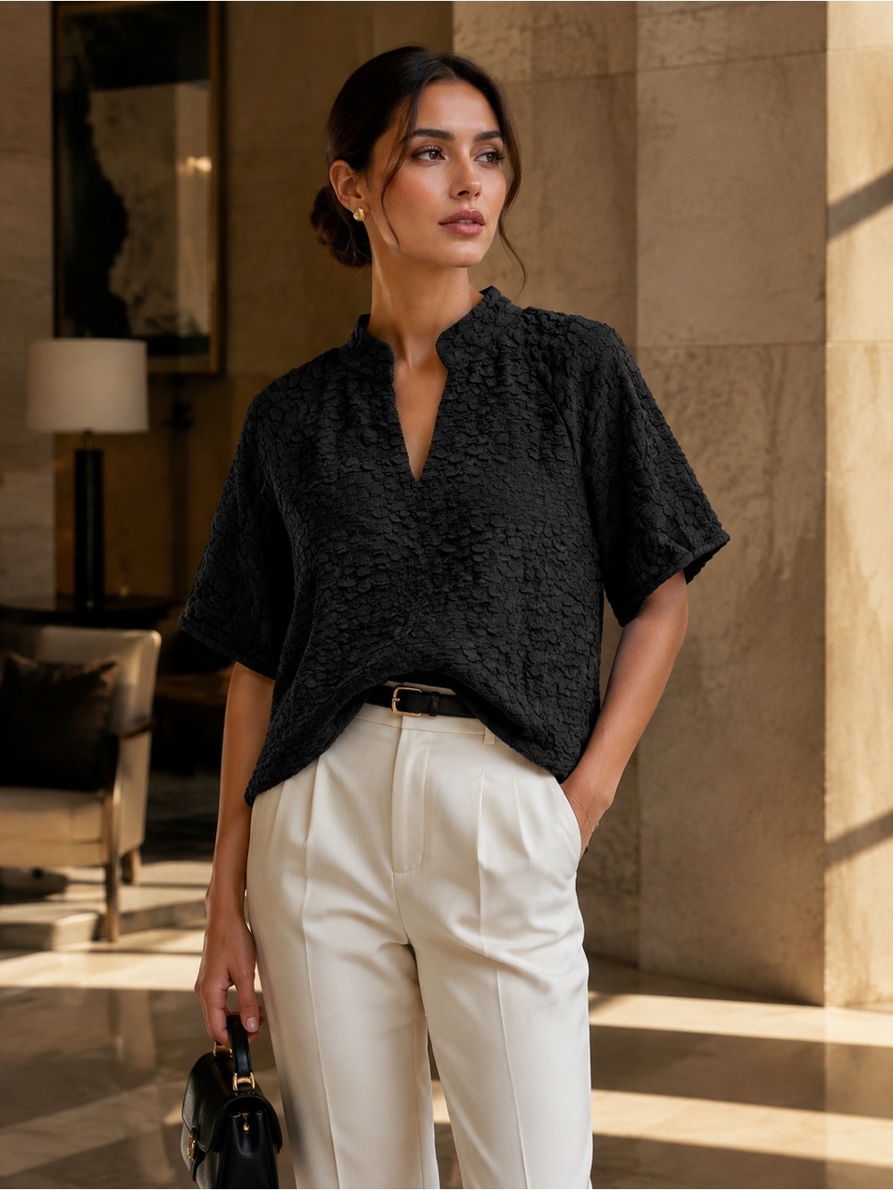 THML Black Textured Floral Collared Split Neck Blouse Small Elevated Quiet Lux